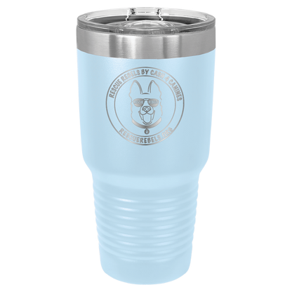 Light blue 30 oz tumbler laser engraved  water bottle featuring the Rescue Rebels logo