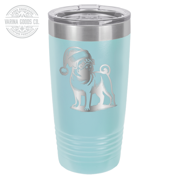 Pug wearing a Santa hat, 20 oz laser engraved tumbler, in light blue