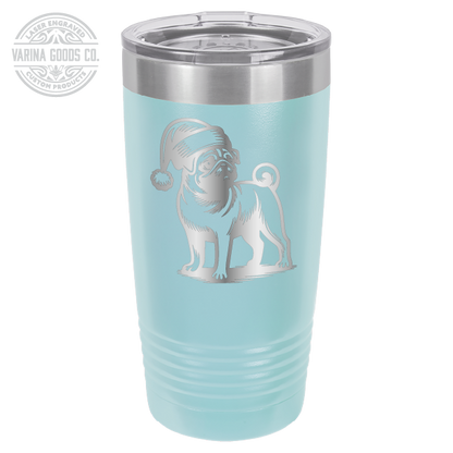 Pug wearing a Santa hat, 20 oz laser engraved tumbler, in light blue