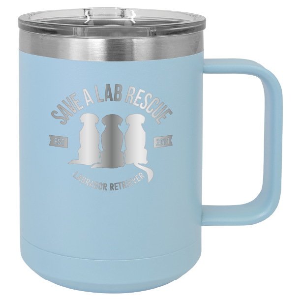 Light Blue 15 oz laser engraved coffee cup featuring the Save A Lab Rescue logo.