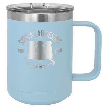 Light Blue 15 oz laser engraved coffee cup featuring the Save A Lab Rescue logo.