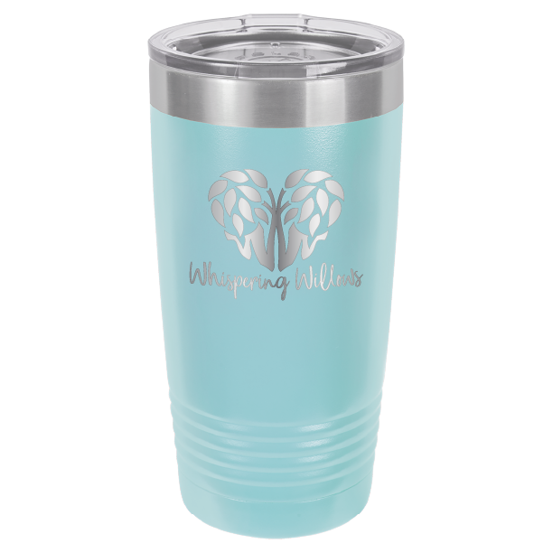 Light blue laser engraved 20 oz tumbler featuring the Whispering Willows logo.