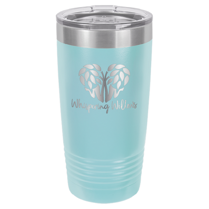 Light blue laser engraved 20 oz tumbler featuring the Whispering Willows logo.