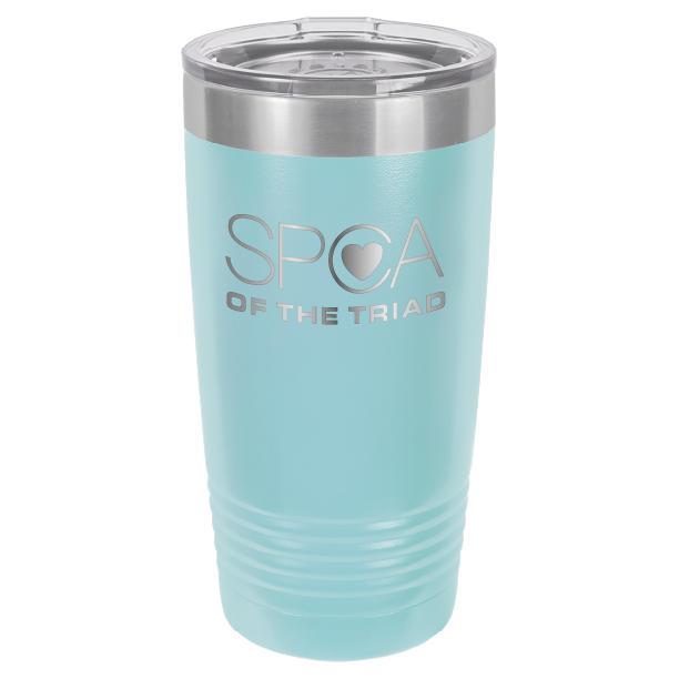 Light blue laser engravved 20 Oz tumbler featuring the SPA of the Triad logo. 