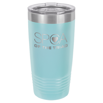 Light blue laser engravved 20 Oz tumbler featuring the SPA of the Triad logo. 