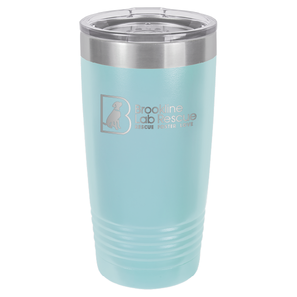 Light blue  laser engraved 20 ounce tumbler featuring the Brookline Lab Rescue logo