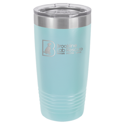 Light blue  laser engraved 20 ounce tumbler featuring the Brookline Lab Rescue logo