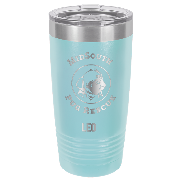 Light blue laser engraved 20 oz tumbler featuring the MidSouth Pug Rescue logo and the name Leo.