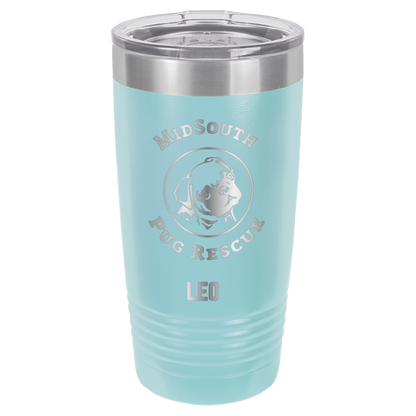 Light blue laser engraved 20 oz tumbler featuring the MidSouth Pug Rescue logo and the name Leo.
