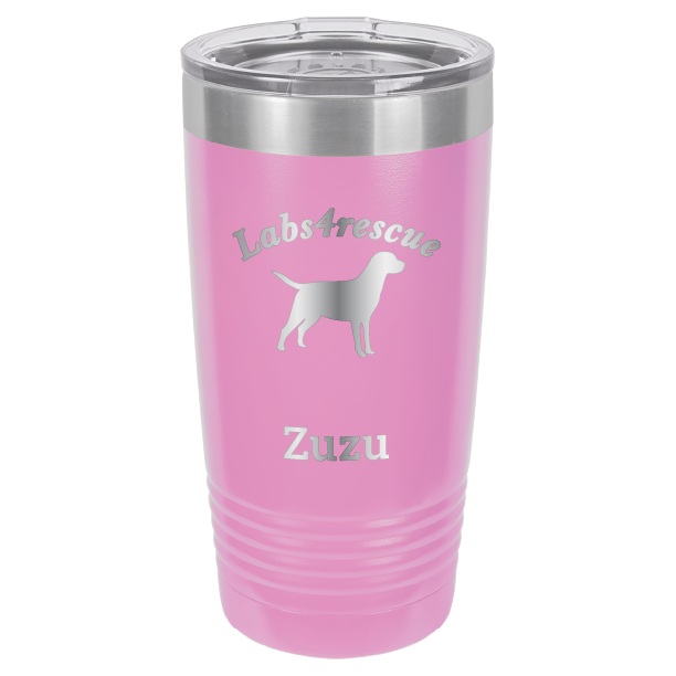 Light purple laser engraved 20 oz tumbler featuring the Labs4rescue logo and the name Zuzu. 