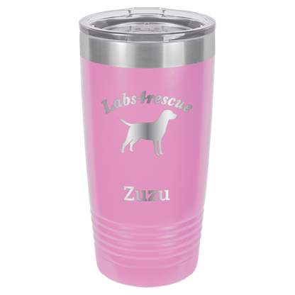 Light purple laser engraved 20 oz tumbler featuring the Labs4rescue logo and the name Zuzu. 