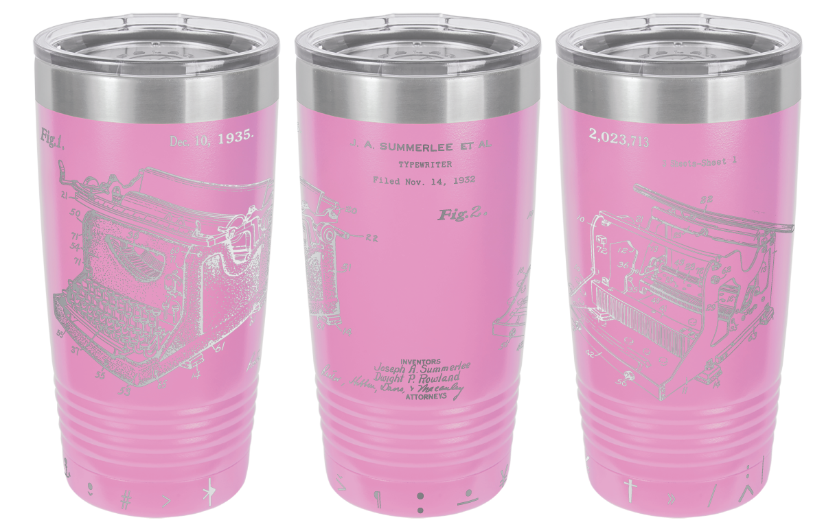 Vintage typewriter patent laser engraved on a light purple stainless steel tumbler