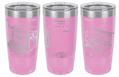 Vintage typewriter patent laser engraved on a light purple stainless steel tumbler