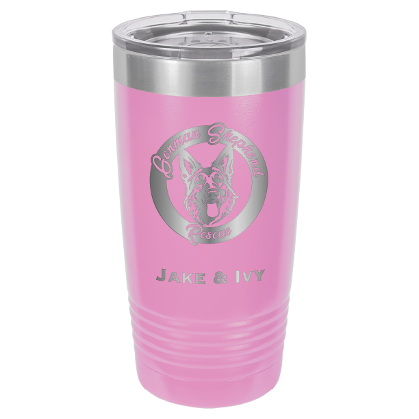 Laser Engraved light purple 20 oz tumbler with German Shepherd Rescue and the names Jake and Ivy