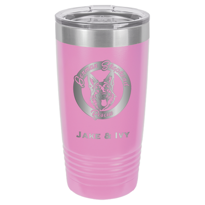 Laser Engraved light purple 20 oz tumbler with German Shepherd Rescue and the names Jake and Ivy