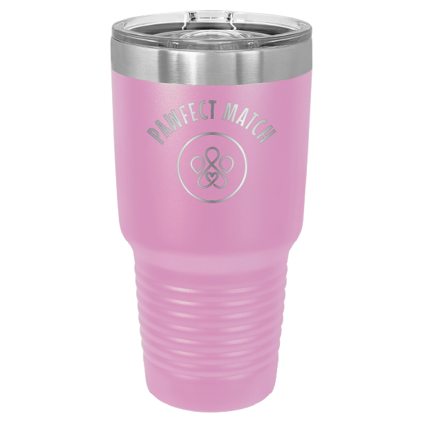 Light Purple 30 oz laser engraved tumbler featuring the Pawfect Match logo