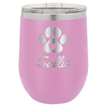 Laser engraved personalized wine tumbler featuring a paw print with heart, in light purple