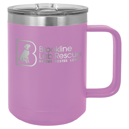 Light purple laser engraved 15 of coffee cup featuring the Brookline Lab Rescue logo