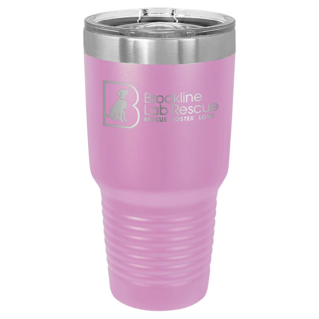 Light purple laser engraved 30 oz tumbler featuring the Brookline Lab Rescue logo