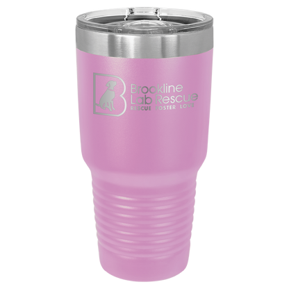 Light purple laser engraved 30 oz tumbler featuring the Brookline Lab Rescue logo