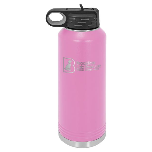 Light purple laser engraved 40 oz water bottle featuring the Brookline Lab Rescue logo