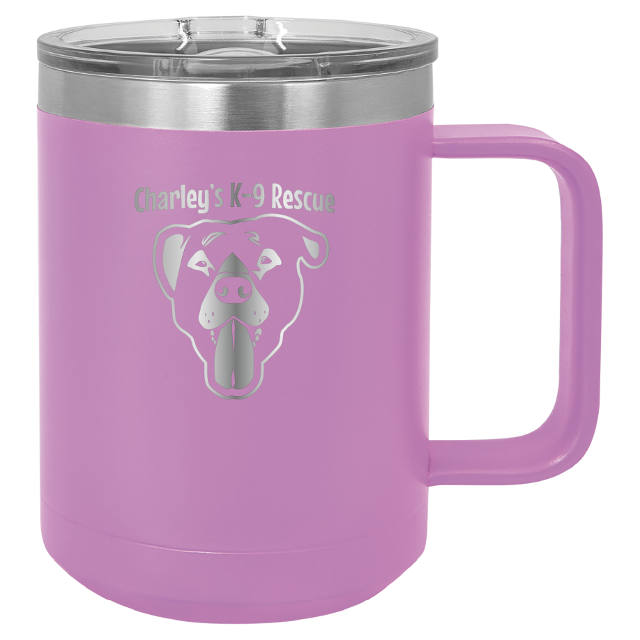 Light purple 15 oz coffee cup laser engraved  tumbler featuring the Charley's K9 Rescue logo