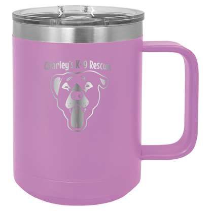 Light purple 15 oz coffee cup laser engraved  tumbler featuring the Charley's K9 Rescue logo