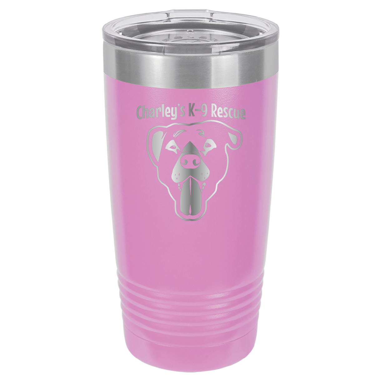 Light Purple 20 ounce tumbler laser engraved  tumbler featuring the Charley's K9 Rescue logo