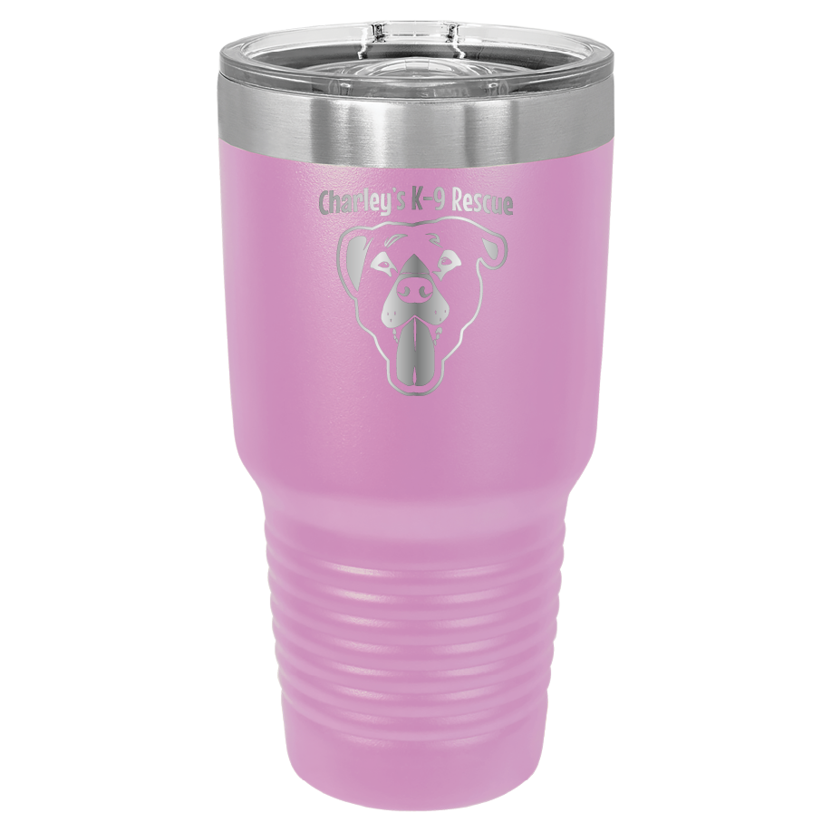 Light Purple 30 oz tumbler laser engraved  tumbler featuring the Charley's K9 Rescue logo