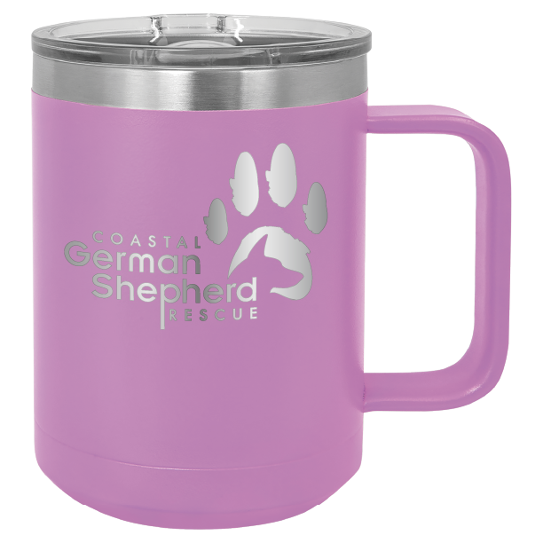 Light purple 15 ounce laser engraved coffee mug, featuring the with the Coastal German Shpherd Rescue of Orange County logo