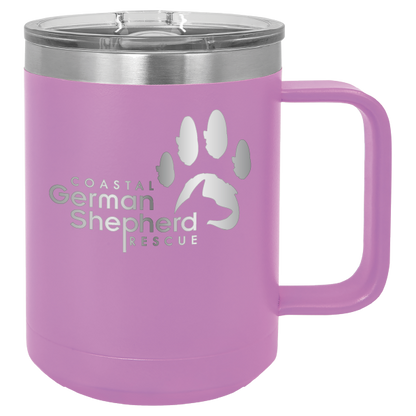 Light purple 15 ounce laser engraved coffee mug, featuring the with the Coastal German Shpherd Rescue of Orange County logo