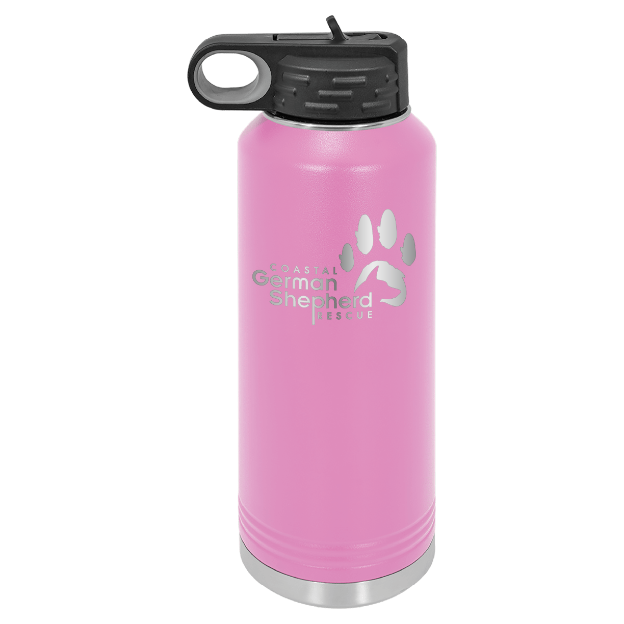 Light purple 40 ounce laser engraved water bottle, featuring the with the Coastal German Shpherd Rescue of Orange County logo