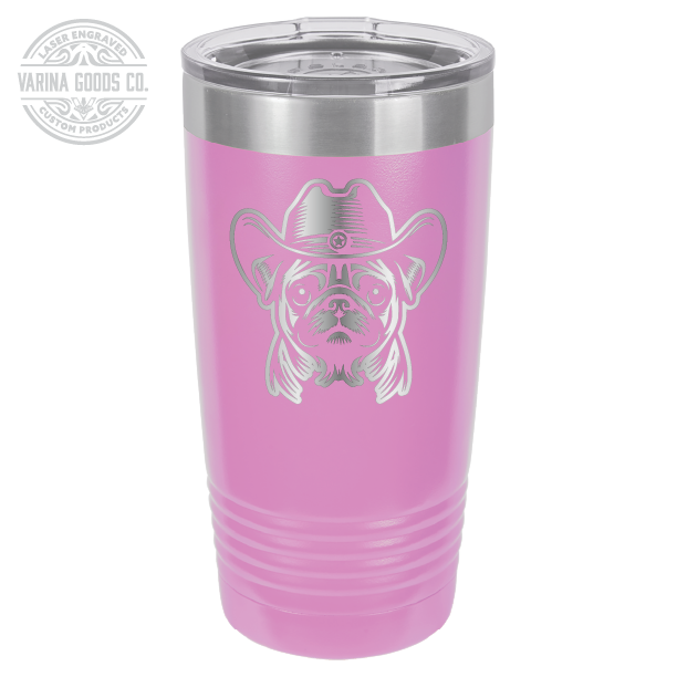 Light purple Cowboy Pug laser engraved 20 oz tumbler.