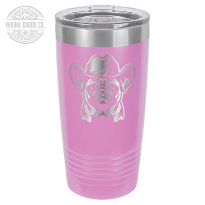 Light purple Cowboy Pug laser engraved 20 oz tumbler.