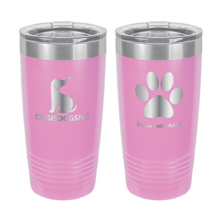 Light Purple 20 oz laser engraved tumbler with the Crisis Dogs NC logo on one side and Rescue.Foster. Adopt. on the reverse side.