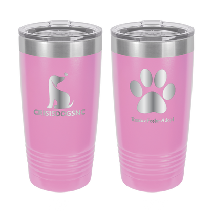 Light Purple 20 oz laser engraved tumbler with the Crisis Dogs NC logo on one side and Rescue.Foster. Adopt. on the reverse side.