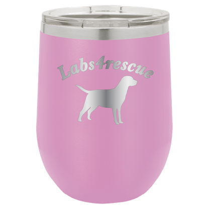 12 oz laser engraved wine tumbler with the labs4rescue logo, in light purple