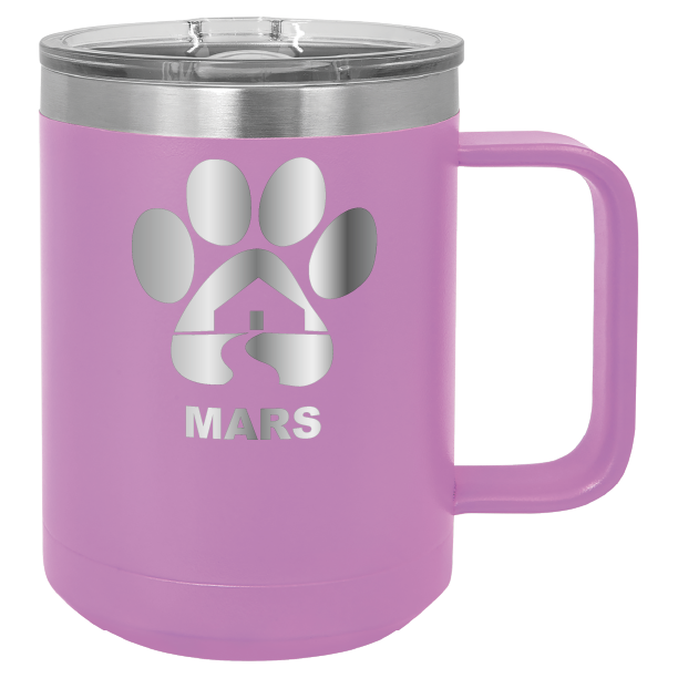 Light purple 15 ounce laser engraved coffee mug with the Midwest Animal Rescue & Services (MARS) logo.