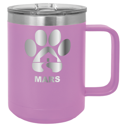 Light purple 15 ounce laser engraved coffee mug with the Midwest Animal Rescue & Services (MARS) logo.