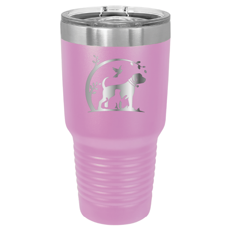 Light purple 30 oz laser engraved tumbler featuring the No Critter Left Behind logo