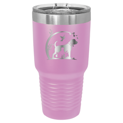 Light purple 30 oz laser engraved tumbler featuring the No Critter Left Behind logo