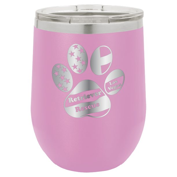 Light Purple laser engraved wine tumbler with the logo of retriever rescue of Las Vegas