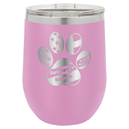 Light Purple laser engraved wine tumbler with the logo of retriever rescue of Las Vegas