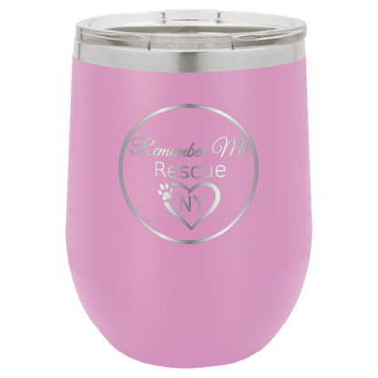 Light Purple  12 oz laser engraved wine tumbler with the logo of Remember Me Rescue NY