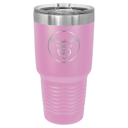 Light Purple 30 oz laser engraved tumbler featuring the Remember Me Rescue NY logo.