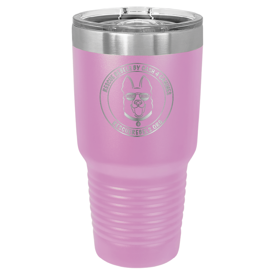 Light purple 30 oz tumbler laser engraved  water bottle featuring the Rescue Rebels logo