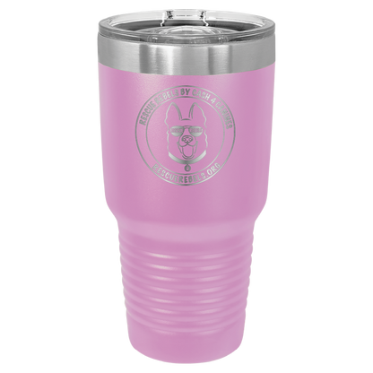 Light purple 30 oz tumbler laser engraved  water bottle featuring the Rescue Rebels logo