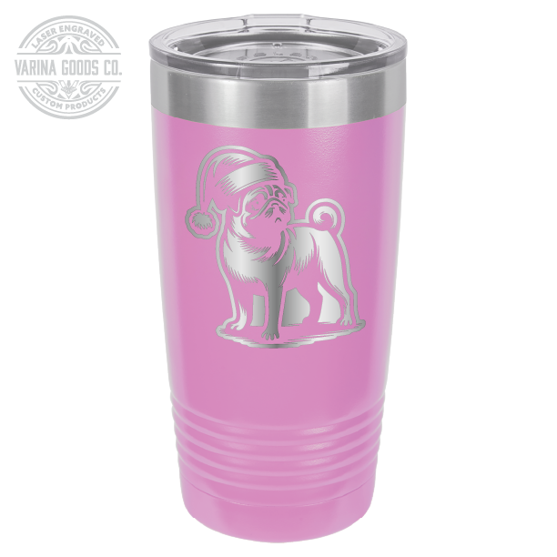 Pug wearing a Santa hat, 20 oz laser engraved tumbler, in light purple