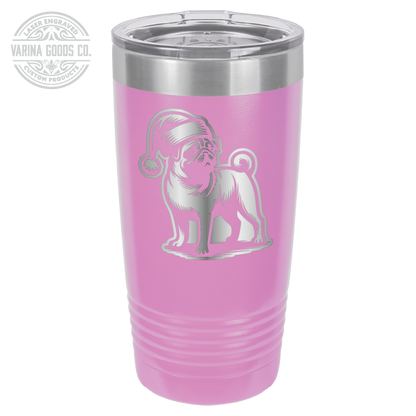 Pug wearing a Santa hat, 20 oz laser engraved tumbler, in light purple