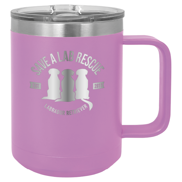 Light Purple 15 oz laser engraved coffee cup featuring the Save A Lab Rescue logo.